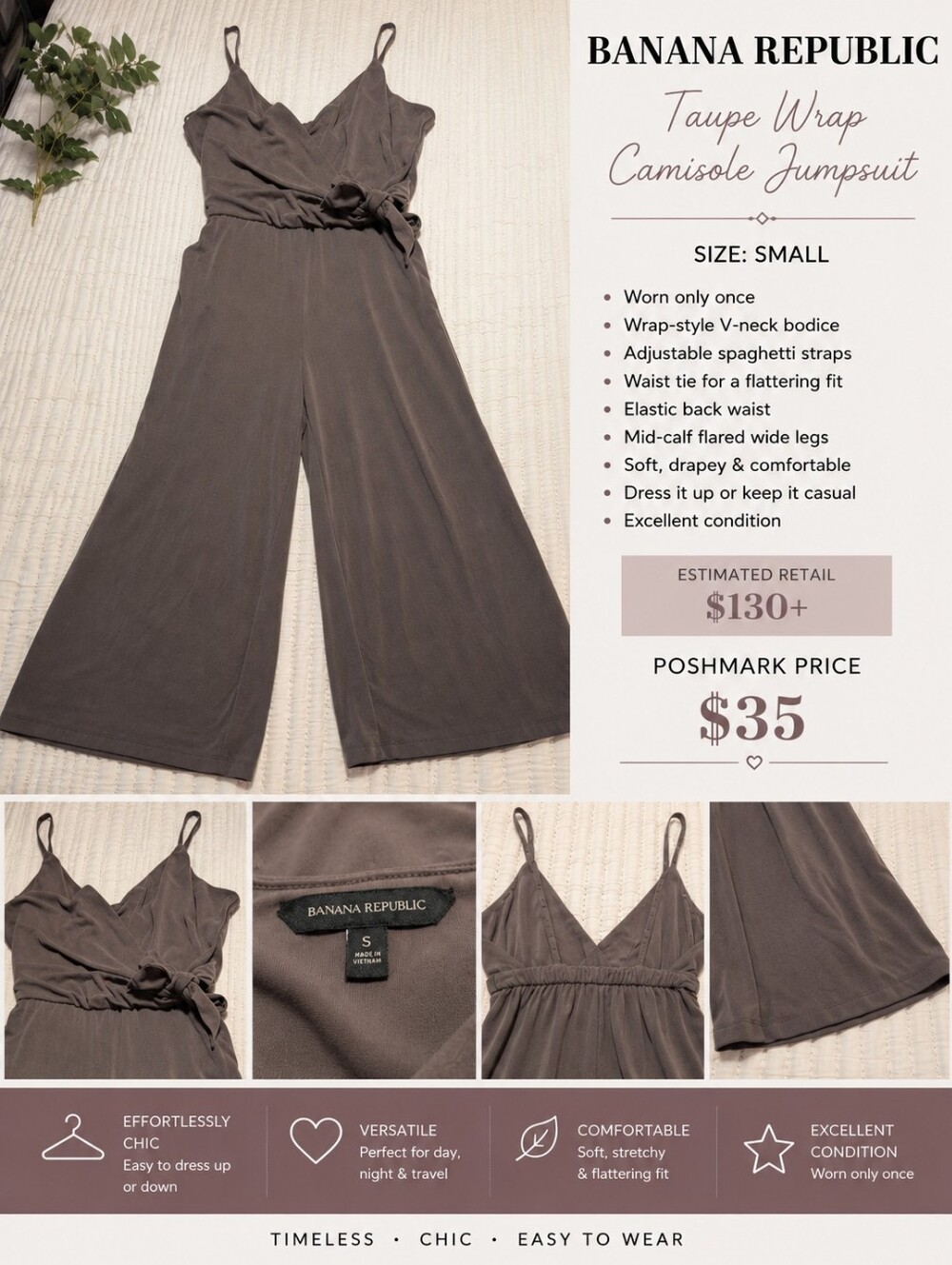 ✨Banana Republic Taupe Wrap Jumpsuit | Size Small | Worn Once | Wide Leg